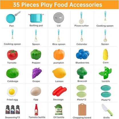 35Pcs Kids Kitchen Toy Accessories, Toddler Pretend Cooking Playset with Play Pots, Pans, Utensils, Cookware, Play Food Set, Toy Vegetables, Learning Gift for Girls & Boys (Turquoise)