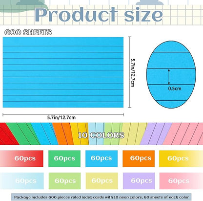 Tecmisse Index Cards 3 x 5 Colored, 600 PCS Colorful Flash Index Card, Note cards, Study Cards, Flash Cards for Studying, Taking Notes, To Do List, 10 Colors