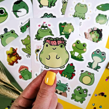BulbaCraft Kawaii Frogs Stickers Set, 50 Pcs Green & White Vinyl Decals for Kids, Waterproof, Scratch Resistant, Indoor Usage, Single Use, Water Bottle, Laptop, Scrapbook, Journal, Frog Theme