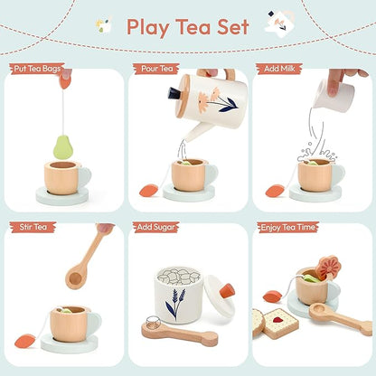 Wooden Tea Set for Toddlers,Wooden Tea Party Set for Kids Pretend Play Food Toy Set Kitchen Accessories Tea Time Party with Play Food for Girls and Boys 3 Years and up