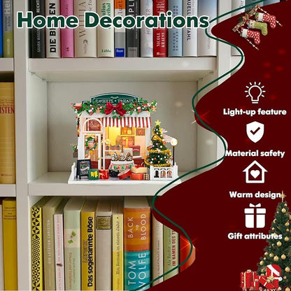 Christmas Miniature Dollhouse Kits, DIY Miniature House Kit, Tiny House with LED, Christmas Village Houses Set, 3D Wooden Puzzle Mini House, Gift for Adults
