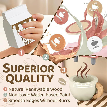 Airlab Kids Coffee Playset Toy Coffee Maker Set for Toddler Wooden Kitchen Accessories Pretend Play for Girls Boys Ages Birthday Gifts Pink