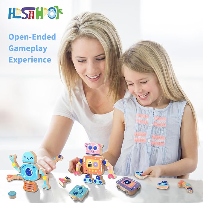 Wooden Snap Together Building Toys, STEM Blocks Toys, 28 Pcs Robot Take Apart Toys Playset, Montessori Educational Fine Motor Skill Toy, Gift for 3 4 5 6 7 8 Years Old Kids