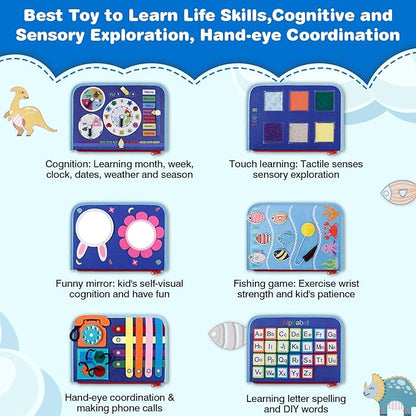 Busy Board Montessori Toys for 1 2 3 4 Year Old Boys Girls Gifts, Sensory Toy for Toddlers 1-3, Educational Activities Travel Toy for Airplane Car, Busy Book for Learning Fine Motor Skills,Blue