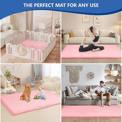 Baby Play Mat for Floor,1.3" Thick Elasti-Foam 74×50 Playpen Mat for Toddlers Infant kids,Water-Repellent Soft Coral Velvet for Tummy Time, Non-Slip Backing for Crawling,Tatami Style(Pink)
