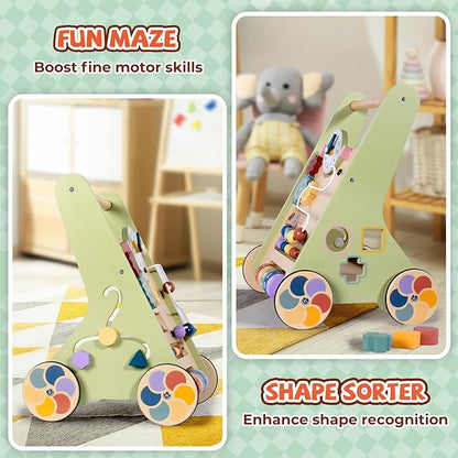 Wooden Baby Walker for 6-12 Months, Montessori Walker Push Toy for Toddlers Learning to Walk, Push Walker Baby Activity Center for Boys and Girls