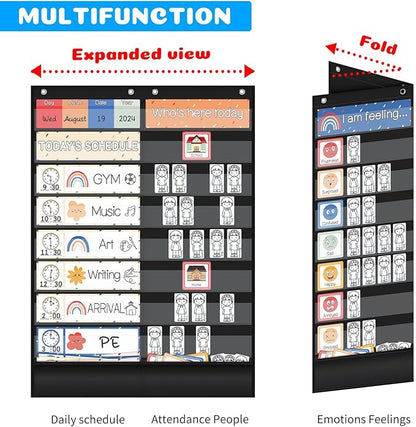 Daily Schedule Pocket Chart, Emotions Feelings Pocket Chart for Kids, Visual Schedule Chart Attendance Pocket for Classroom Office Preschool Activity(Lesson and Feeling Pocket-Black)