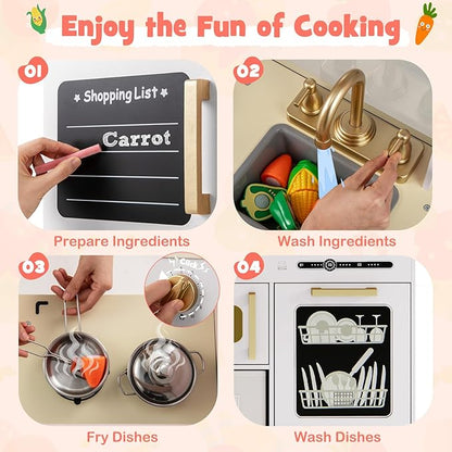 Costzon Kids Kitchen Playset, Wooden Pretend Play Kitchen w/Real Lights & Sounds, Chalkboard, Microwave, Ice Maker, Dishwasher, Sink, Cookware Accessories, Play Kitchen for Kids Ages 3+ (White)
