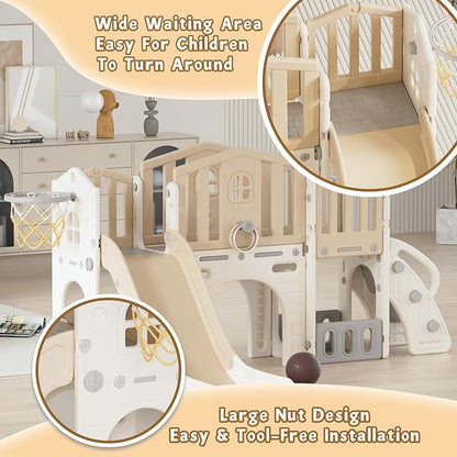 KORIMEFA 8 in 1 Toddler Slide Set, Kids Slide for Toddlers Age 1-3, Toddler Climber PlaySet with Basketball Hoop and Ball, Outdoor Indoor Kids Playground for Toddlers 1-3, Beige