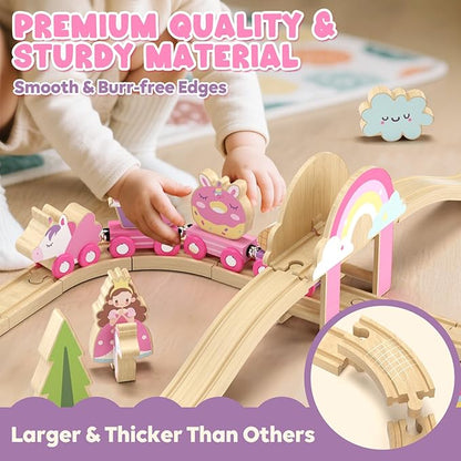 Lehoo Castle Wooden Train Set, Train Set for Toddlers 2-4, Wooden Train Track for Girls, Unicorn Toys for Girls Age 4-6, Toys for 3 4 5 6 Year Old Girl