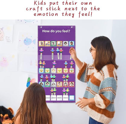 Boczif Emotions Feelings Pocket Chart for Classroom Chart with 24 Cards for Preschool Teacher, Daycare Decor, Social Emotional Learning Activities, Calm Down Corner Supplies (Purple)