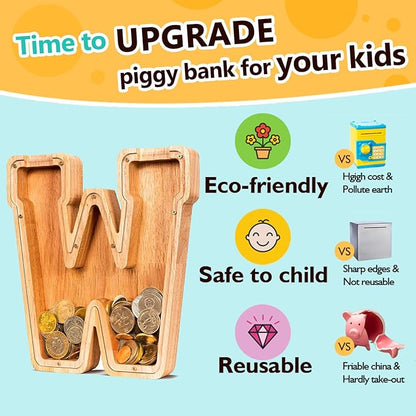 SummiDate Wooden Letter Piggy Bank| Piggy Bank for Boys Girls Toddler| Alphabet W Money Bank| Coin Bank Birthday Gift for Kids|Birthday Gift for Kids (W)