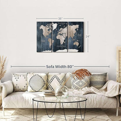 ElephantStock Aged Blue World Map I Canvas - 3 Panel Wall Decor - World Map Digital Art - Blue Wall Art - 38" X 24"