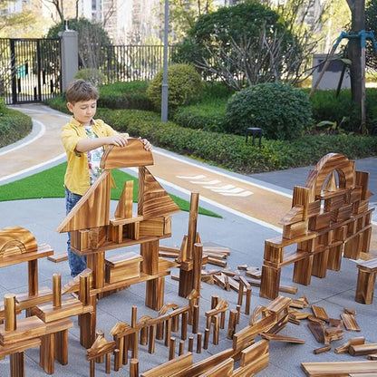 Vintage Solid Carbonized Wooden Building Blocks Set for Kids 3-12 Outdoor(43pcs,5.4 lbs), Table Sensory Wood Building Toys for Toddlers, Outside Wooden Blocks for Preschool