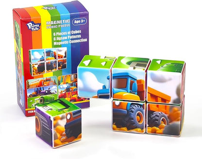Magnetic Cubic Tiles for Kids, Large Building Blocks 1.65 inch, Engineering Construction Vehicles Puzzle Toy for Toddlers, Sensory & Montessori Magnetic Toys for Kids Ages 3 4 5 6