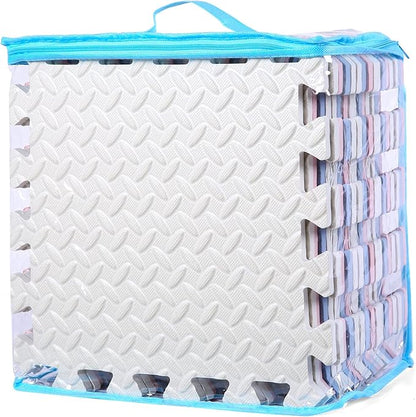 Foam Floor Mats for Kids, 12 x 12 Inch 16 Tiles 0.4" Thickness Foam Play Mat, Non-Toxic Square Interlocking Floor Mats Rubber Baby Play Mat for Toddlers(White/Gray Blue/Lori Pink)