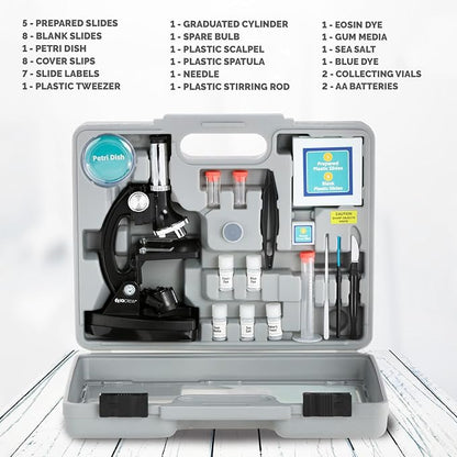 AmScope M30 Series 52-Piece STEM Microscope Kit for Kids - Monocular, Portable Compound Microscope for Kids - Includes Petri Dish, Slides & More - Black