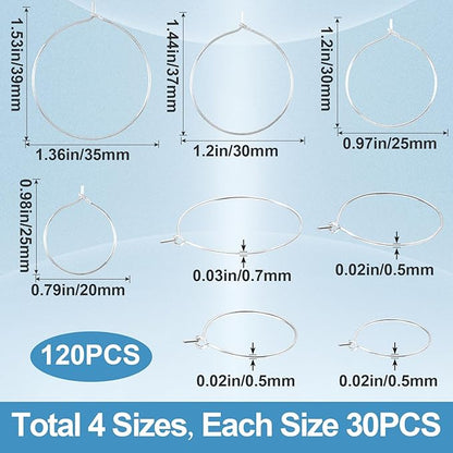 Pndeyo 120pcs Hypoallergenic Earring Beading Hoops, 20mm 25mm 30mm 35mm Round Hoop Earrings Findings, Open Earring Wire Ring Accessories for Jewelry Making- Silver