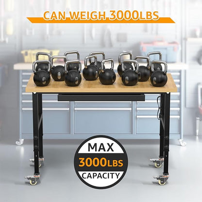 48" Adjustable Workbench,Heavy-Duty Work Table,3000 LBS Load Capacity Particleboard Hardwood Workstation Outlets with Power Strips, Drawers and Wheels,for Workshop, Garage