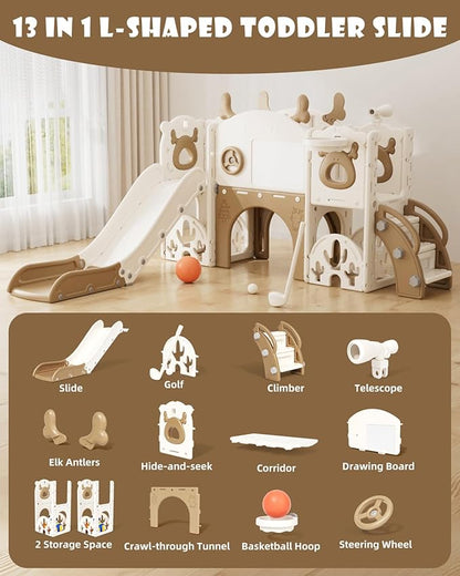 XJD 13 in 1 Toddler Slide Set, Kids Slide for Toddlers Age 1+, New Upgrade with Golf Set, Basketball Hoop, Drawing Board for Indoor Outdoor Playset,Toddler Playground (Brown)