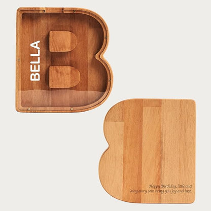 Personalized Wooden Piggy Bank – Custom Letter B Coin Bank in Beech Wood with Acrylic Front, Engraved Name Option, Money Box for Kids and Adults