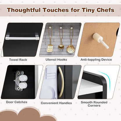 HONEY JOY Kids Kitchen Playset, Wooden Little Chef Pretend Toy Kitchen Set w/Chalkboard, Telephone, Utensils, Oven, Microwave, Sink, Storage, Play Kitchen for Toddlers Boys Girls, Black
