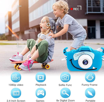 Goopow Kids Camera Toys for 3-8 Year Old Girls Boys,Children Digital Video Camcorder Camera with Cartoon Soft Cover, Best Chritmas Birthday Festival Gift for Kids - 32G SD Card Included
