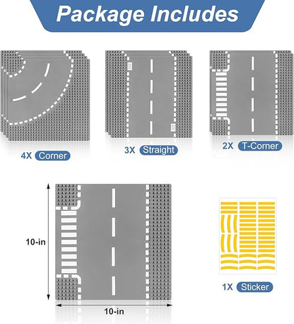 9 Pack Road Base Pates for Building, Compatible with Lego Classic Bricks, 10” x 10” Baseplates Fits for Lego Roads, Road Base Plates for City Sets (Attached DIY Stickers)