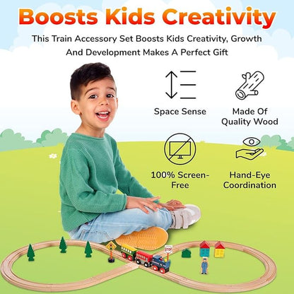 Wooden Train Set 100 Piece All in One Wooden Toy Train Tracks Set with Magnetic Trains and Railway Accessories, Comes in A Clear Container, Compatible with All Major Brands