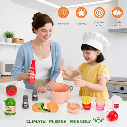 130Pcs Kitchen Playset, Toddler Pretend Cooking Play Pots, Pans, Utensils Cookware, Daily Food Fruit Veges, Shopping Storage Basket, Dessert, Prop Money, Learning Gift for Child (Pink)