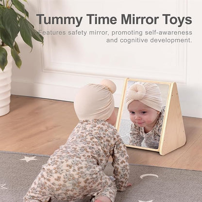 Baby Double-Sided Tummy Time Mirror w/ 2 Package High Contrast Visual Stimulation Cards, Sensory Activity Montessori Toys for 0-18+ Months Boys Girls