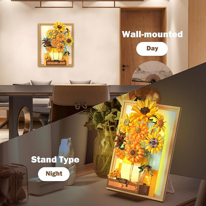 NUTCRACKER Sunflower Flower Building Set with Sensor Light, 3D Sunflower Van Gogh Painting Frame Wall Art Crafts for Home Office Decor, Easter Birthday Gift for Adult Girls 14+ (1166 Pieces)