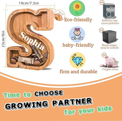 Wooden Letter Piggy Bank for Kids Larger Letter Piggy Bank for Boys and Girls Personalized Piggy Bank Initial Coin Bank Wood Kids Money Bank for Birthday and Festival