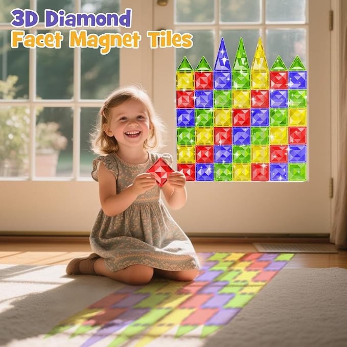 60pcs Diamond Magnetic Tile, Mini Magnetic Building Blocks Magnet Toy with Iron Box, STEM Educational Montessori Indoor Building Kit for Toddlers Preschool Boys Girls Age 3+ Classroom Must Haves