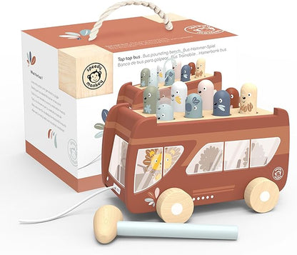 Speedy Monkey Bus Pounding Bench, Pull-Along Bus with Hammering Activity, 8 Wooden Characters, Enhances Hand-Eye Coordination, Safe Design, Non-Toxic Paint, Educational Toy for Kids 2-5 Years
