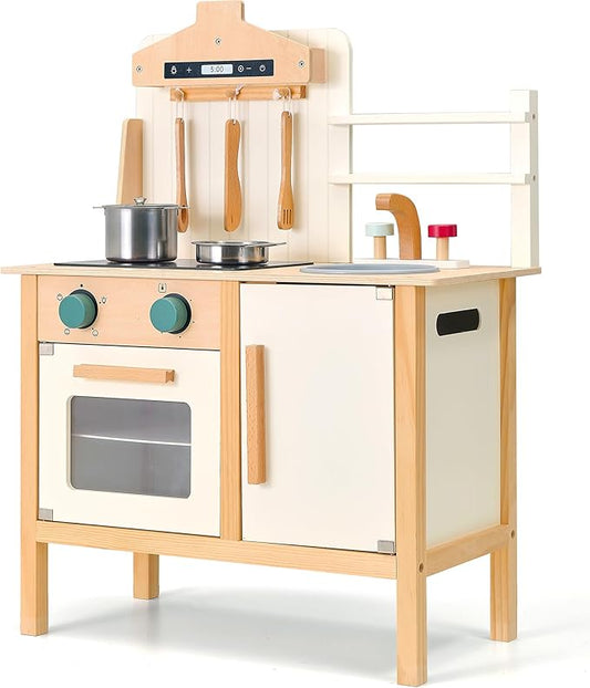 Wooden Play Kitchen for Kids, Adjustable Height Wooden Toys Kids Kitchen Playset, Mordern Designed Toys Kitchen Gift with Play Food Kitchen Accessoires for 3Y+