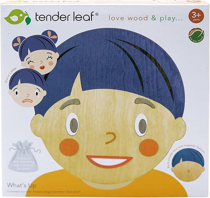 Tender Leaf Toys – What’s Up - 32 Pc Wooden Magnetic Puzzle Face Expression Learning Playset with Travel Bag - Encourage Social Skills, Imaginative and Emotional Play for Age 3+