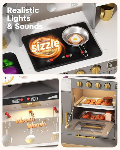 BIERUM Wooden Play Kitchen for Kids Ages 3-8 with Lights & Sounds, Pretend Play Kitchen Set with Stove, Ice Maker, Coffee Maker, Oven & Accessories, Toddler Kitchen Playset for Boys and Girls (Gray)