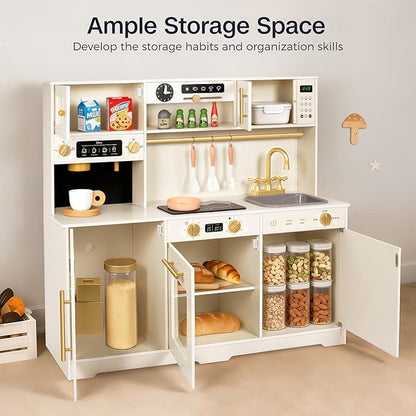 Wooden Play Kitchen for Toddler, Toy Kitchen Set for Kids Pretend Play with 41 Pcs Toy Food & Cookware Accessories, Kitchen Playset Gift for Boys and Girls Ages 3+