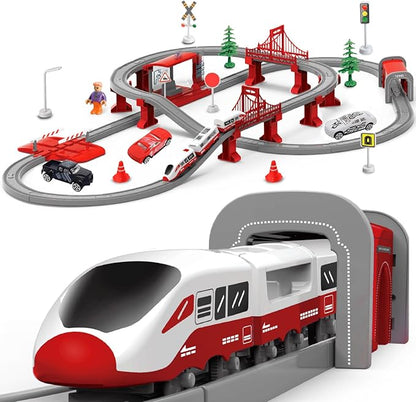 Train Sets for Toddlers, 104 Pcs Trains Toy with Battery Operated & Tracks (Magnetic Connection), Compatible with Thomas, Brio, Christmas Toy Gifts for 3 4 5 6 7 8 Years Old (Red 104PCS)