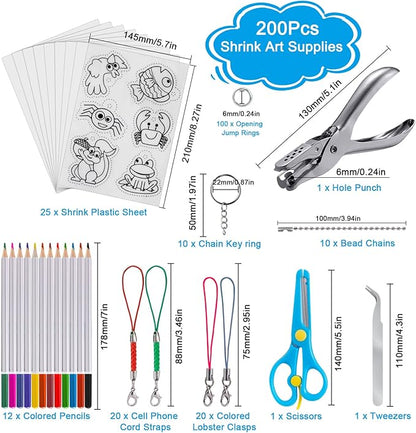 chfine Heat Shrink Plastic Sheets Keychain Kit, 200Pcs Shrinky Dink Sheets Kit Shrink Art Kits Including 20 Pcs Shrink Paper Sheets, Hole Punch, Pencils, Keychains, Tweezers, Scissors for Crafts