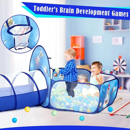 PigPigPen 3pc Kids Play Tent for Boys with Ball Pit, Crawl Tunnel, Rocket Ship Tents for Toddlers, Baby Space World Playhouse Toys, Boys Indoor& Outdoor Play House, Perfect Kid’s Gifts