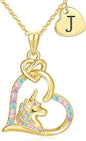 C-leen Unicorn Necklaces Gifts for Girls, 14K Gold Plated Colorful CZ Heart Initial Pendant Unicorn Necklaces for Girls Teens Jewelry Birthday Gifts