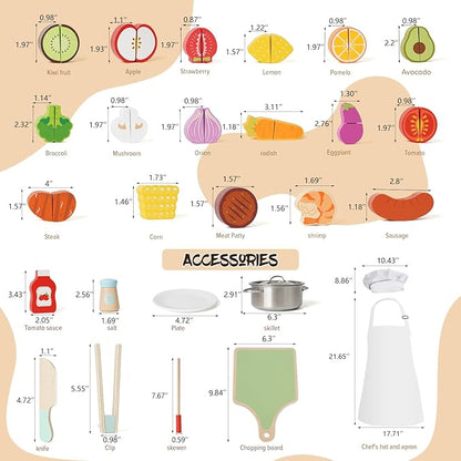 Wooden Play Food Set for Toddlers,Cutting Food for Preschool Activities, Pretend Play Kitchen Accessories for Kids, Fake Food Kitchen Toys for Boys & Girls