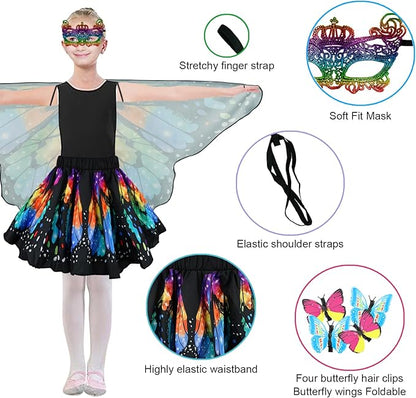 Butterfly Costume for Girls Fairy Wings Kids 4 Pcs(Cape,Skirts,Masks,Hair Clips) Butterfly Wings for Halloween Gifts
