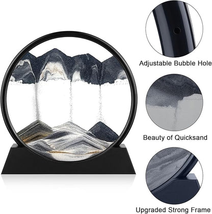 Moving Sand Art Picture - 3D Quicksand Painting Decor - Round Glass 3D Deep Sea Sandscape - Relaxing Home Decoration Desk Toys for Home Office Desk Mantle Bookshelf- (Black, 12 in)