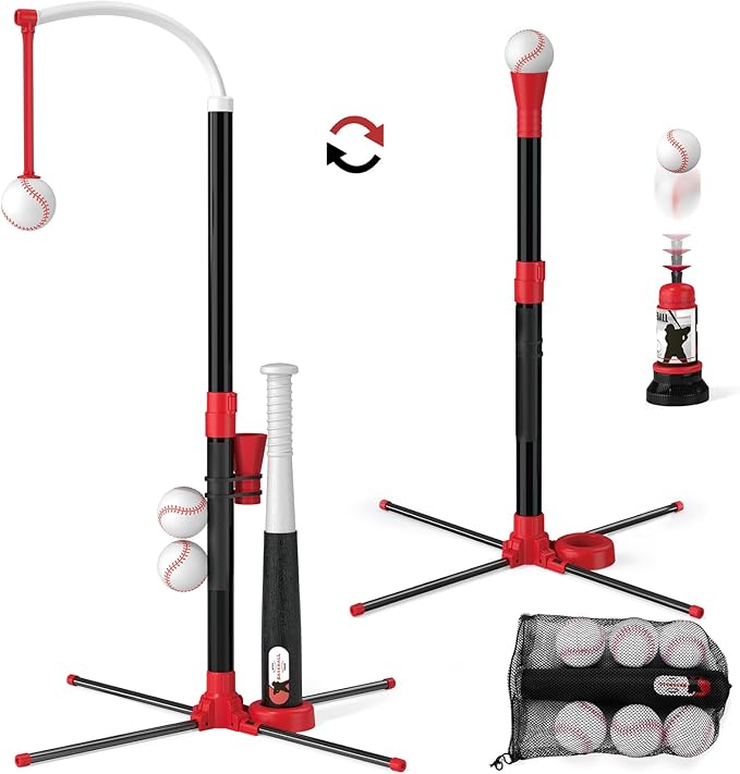 3-in-1 T Ball Set - Adjustable Height, Hanging Tee Ball Set with Automatic Pitching Machine/6 Balls/Retractable Bat, TBall Stand Suit for Outdoor, Sport Toys Gifts for Kids Boys Age 3+