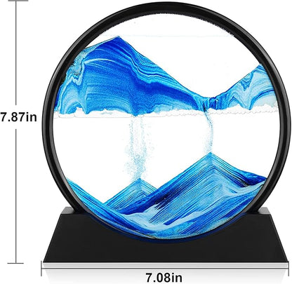 Moving Sand Art Picture - 3D Quicksand Painting Decor - Round Glass 3D Deep Sea Sandscape - Relaxing Home Decoration Desk Toys for Home Office Desk Mantle Bookshelf- (Blue, 7 in)