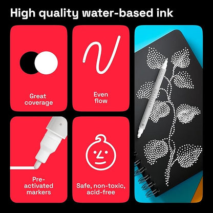 ARTISTRO 5 White Dual Tip Brush + Fine Acrylic Paint Pens Ideal for Calligraphy - Paint Markers for Fabric, Rock, Glass, DIY - Stocking Stuffers, Christmas Gift Idea for Teens, Grandkids, Kids