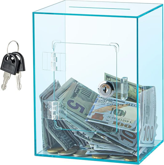 Hicocool Clear Piggy Bank with Lock, Acrylic Piggy Bank for Adults Kids Openable, Reusable Money Saving Box with Key for Birthday (Cyan)